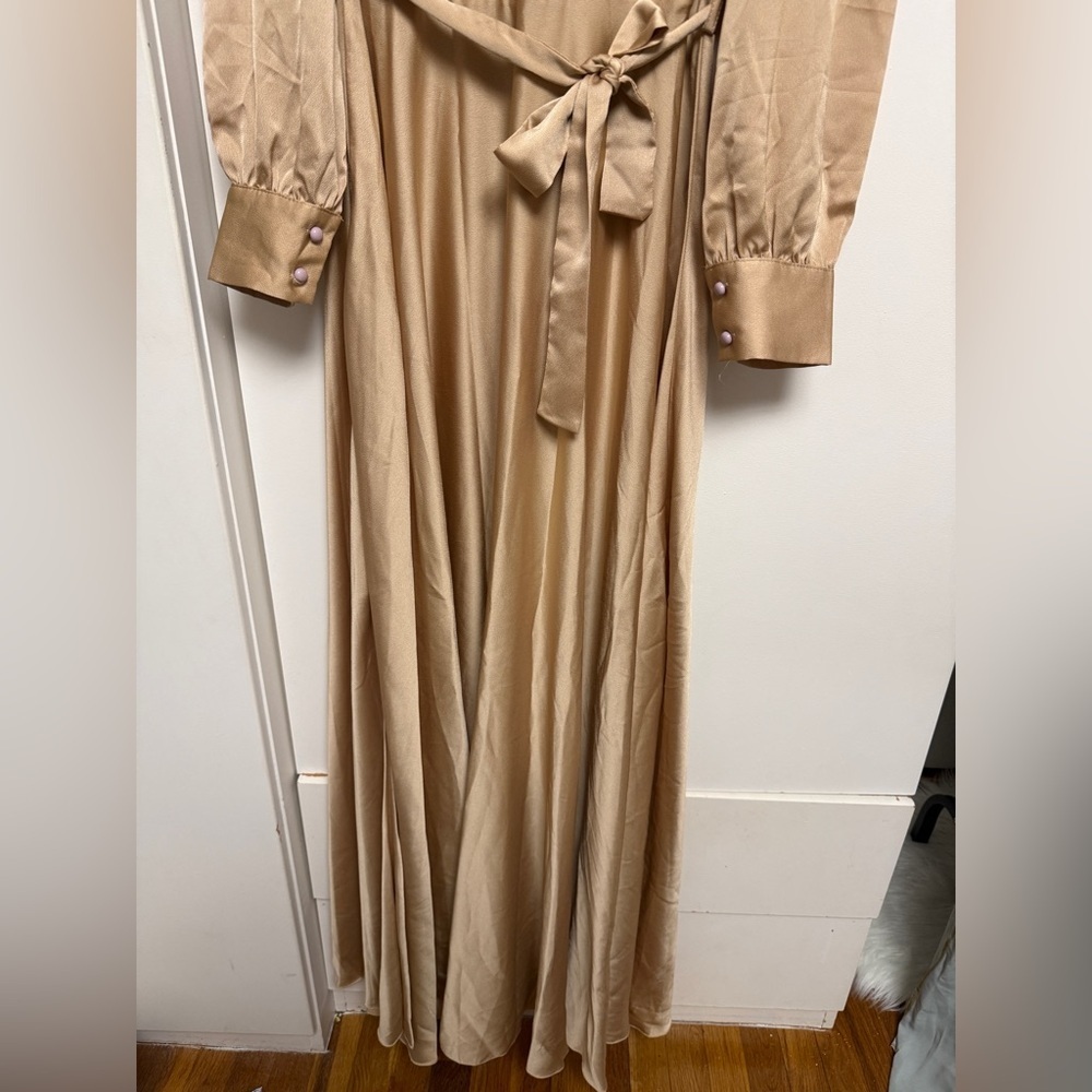 Long Sleeve Tie-Waist Maxi Dress in light Camel beige Size 12 A-line - Picture 3 of 9